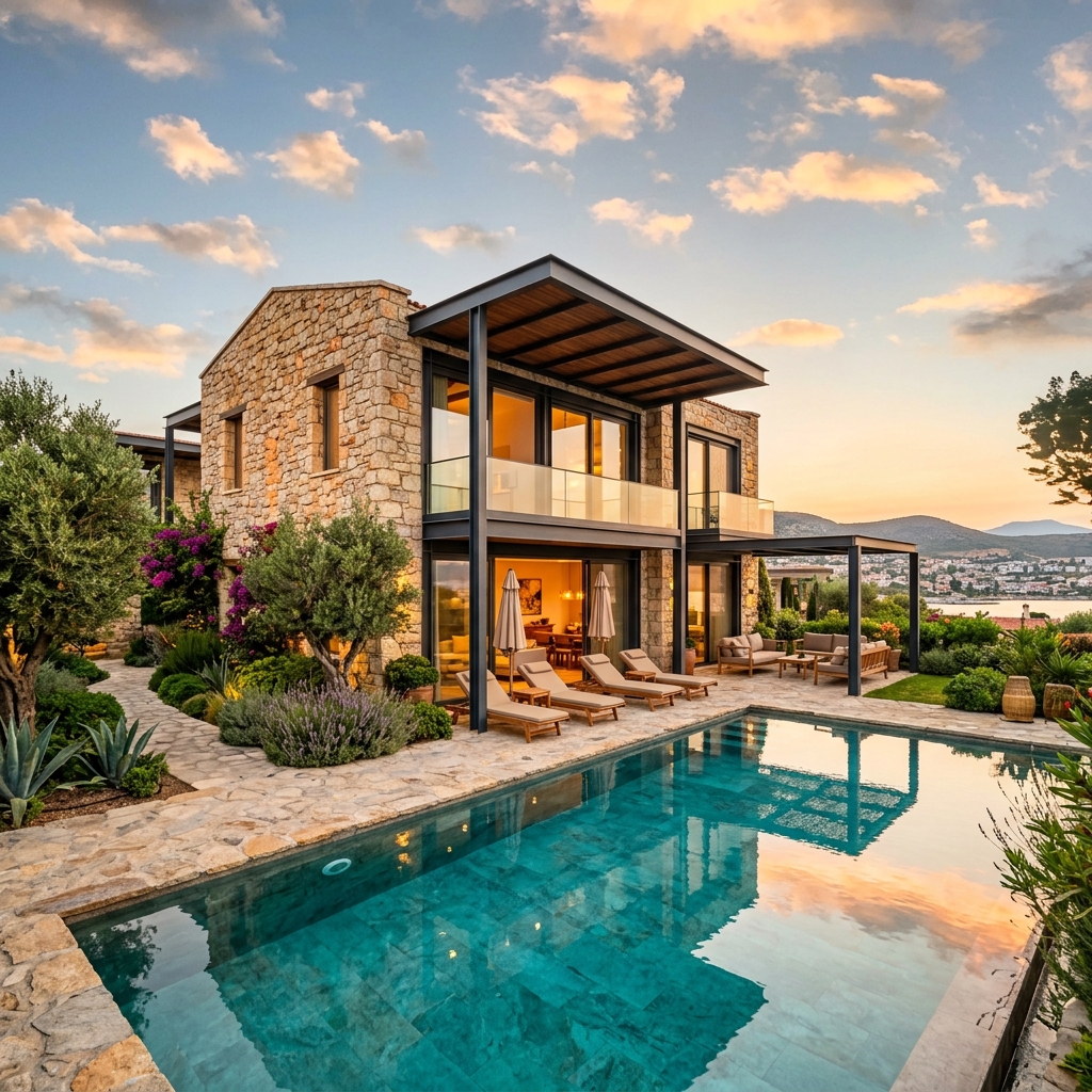 Çeşme / İzmir bölgesinde hayata geçirilen Alaçatı Konseptli Taş Çelik Villa mimari dış cephe tasarımı
