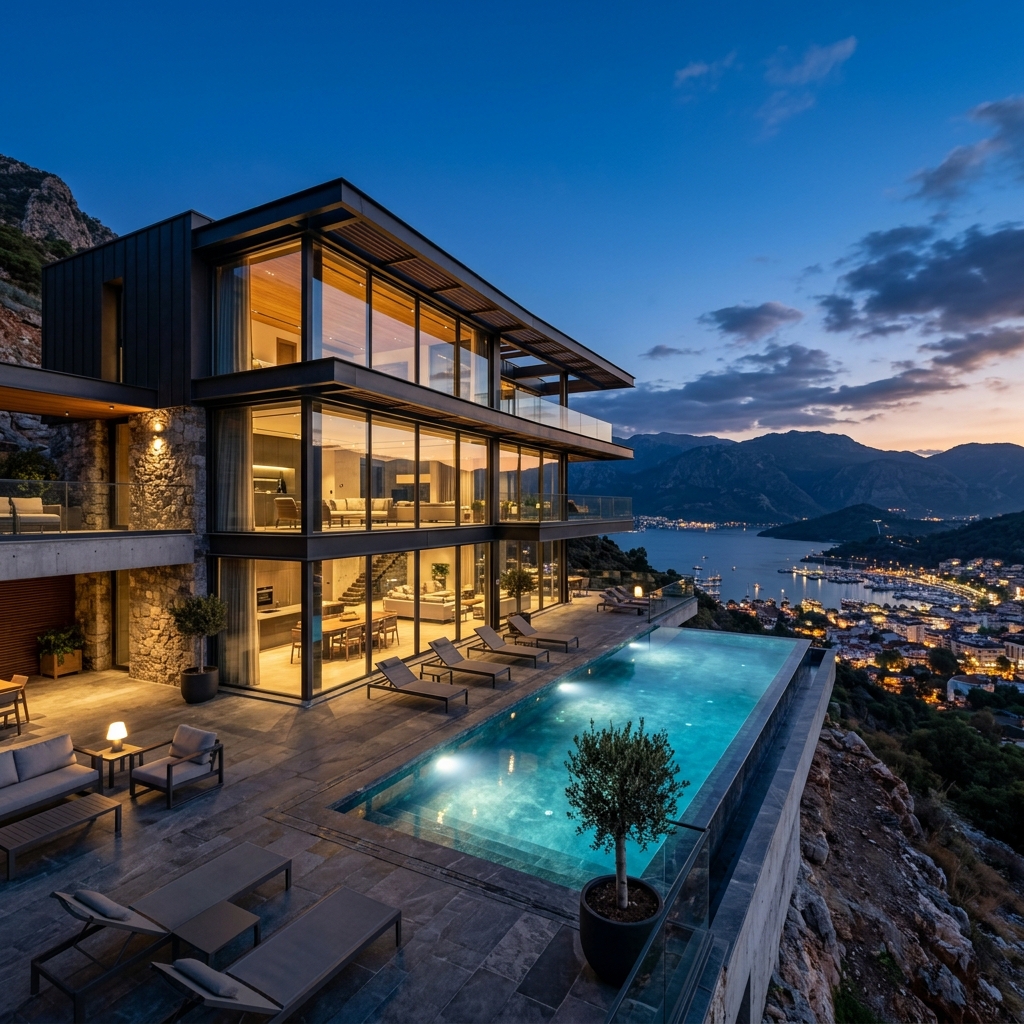 Fethiye / Muğla bölgesinde hayata geçirilen Panoramik Manzaralı Çelik Villa mimari dış cephe tasarımı