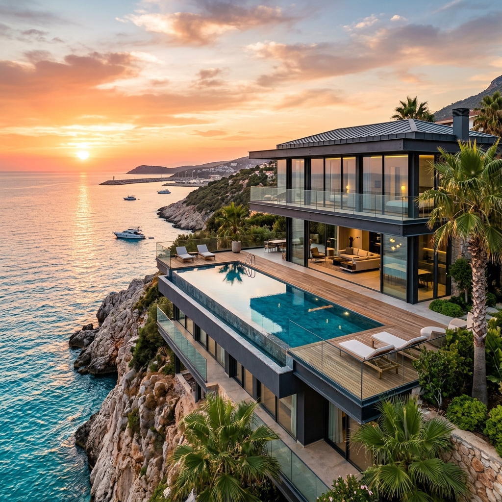 Kaş / Antalya bölgesinde hayata geçirilen Akdeniz Manzaralı Ekolojik Villa mimari dış cephe tasarımı